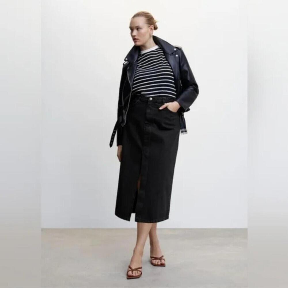 Mango Soleil Cotton Denim Slit Midi Skirt - XS